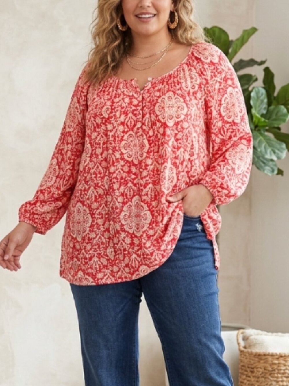 Kenar Woman Red Floral Blouse Top Blouse Plus 2X Boho Resortwear Casual Vacation